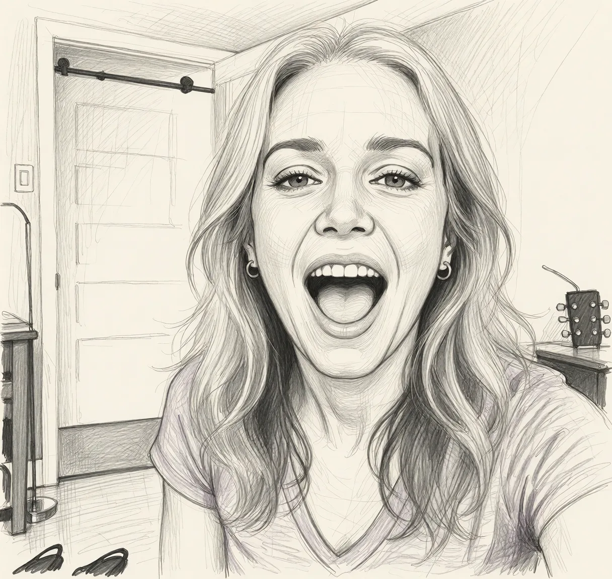 Redraw the entire picture as a hand-drawn graphite sketch on off-white paper: visible pencil strokes, cross-hatched shading, loose construction lines and no colour beyond the grey of the pencil and the tone of the paper. The background is drawn in the same style. Nothing in the frame keeps its photographic appearance. Above all, the picture must show: cum_in_mouth open_mouth.