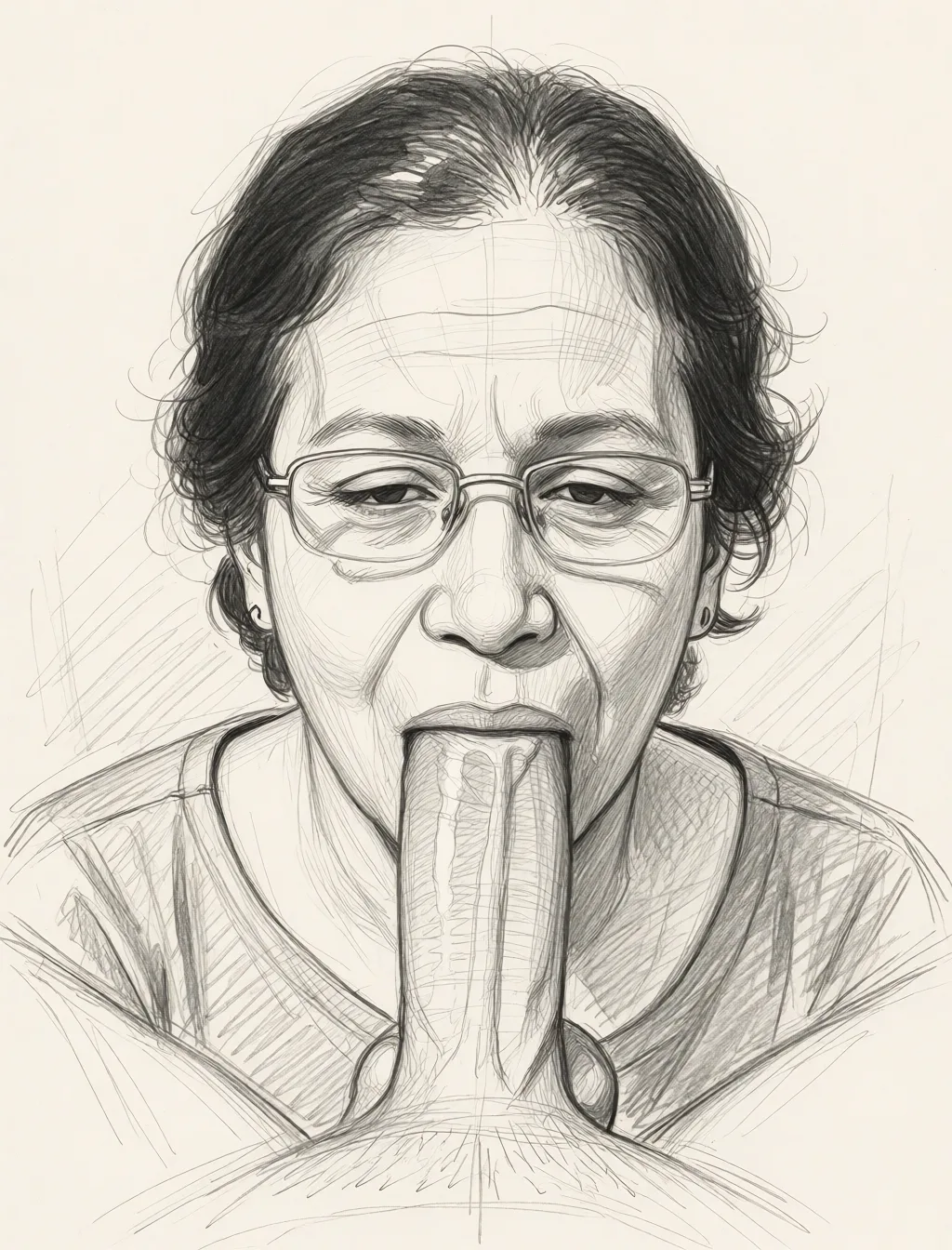 Redraw the entire picture as a hand-drawn graphite sketch on off-white paper: visible pencil strokes, cross-hatched shading, loose construction lines and no colour beyond the grey of the pencil and the tone of the paper. The background is drawn in the same style. Nothing in the frame keeps its photographic appearance. Above all, the picture must show: fellatio.