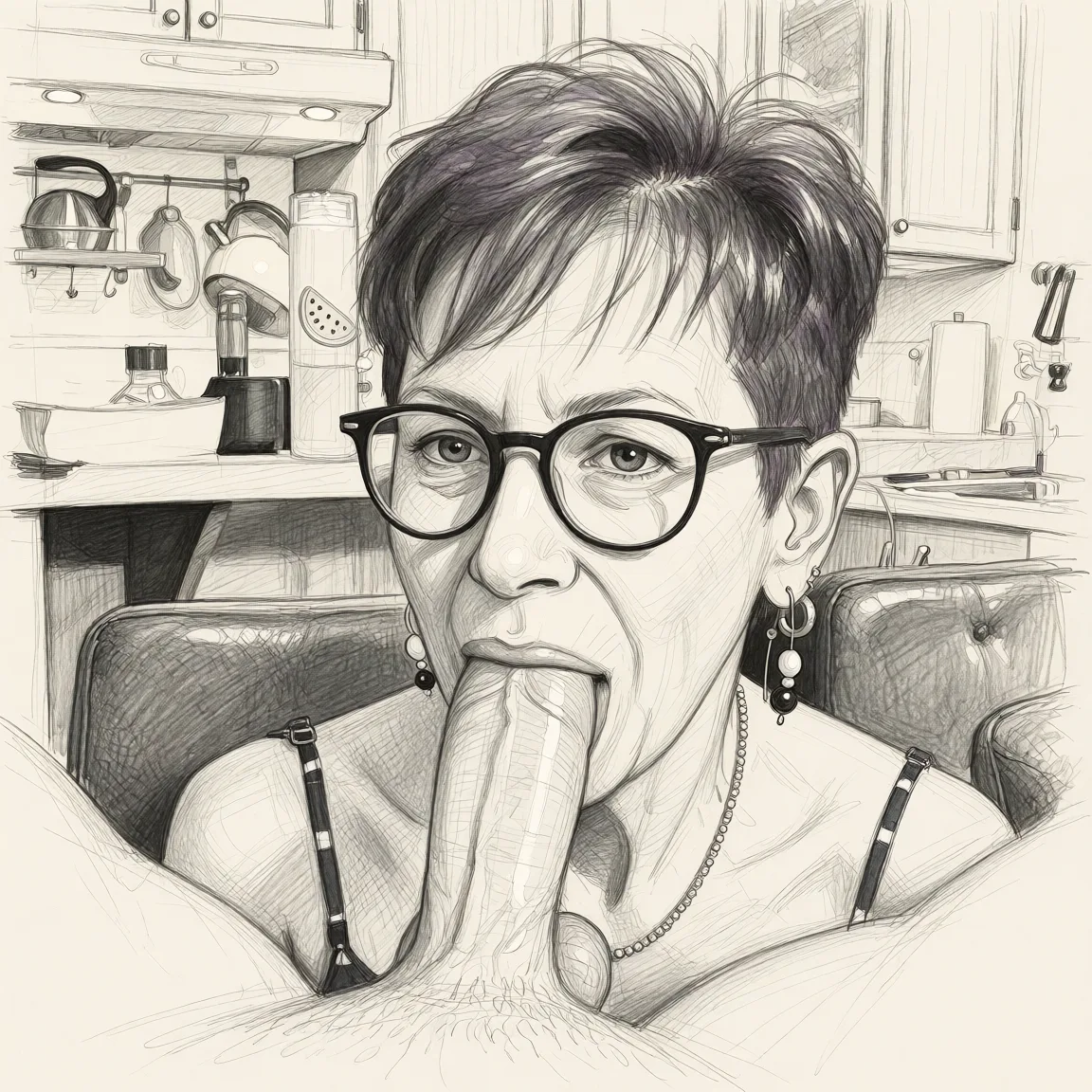 Redraw the entire picture as a hand-drawn graphite sketch on off-white paper: visible pencil strokes, cross-hatched shading, loose construction lines and no colour beyond the grey of the pencil and the tone of the paper. The background is drawn in the same style. Nothing in the frame keeps its photographic appearance. Above all, the picture must show: fellatio.