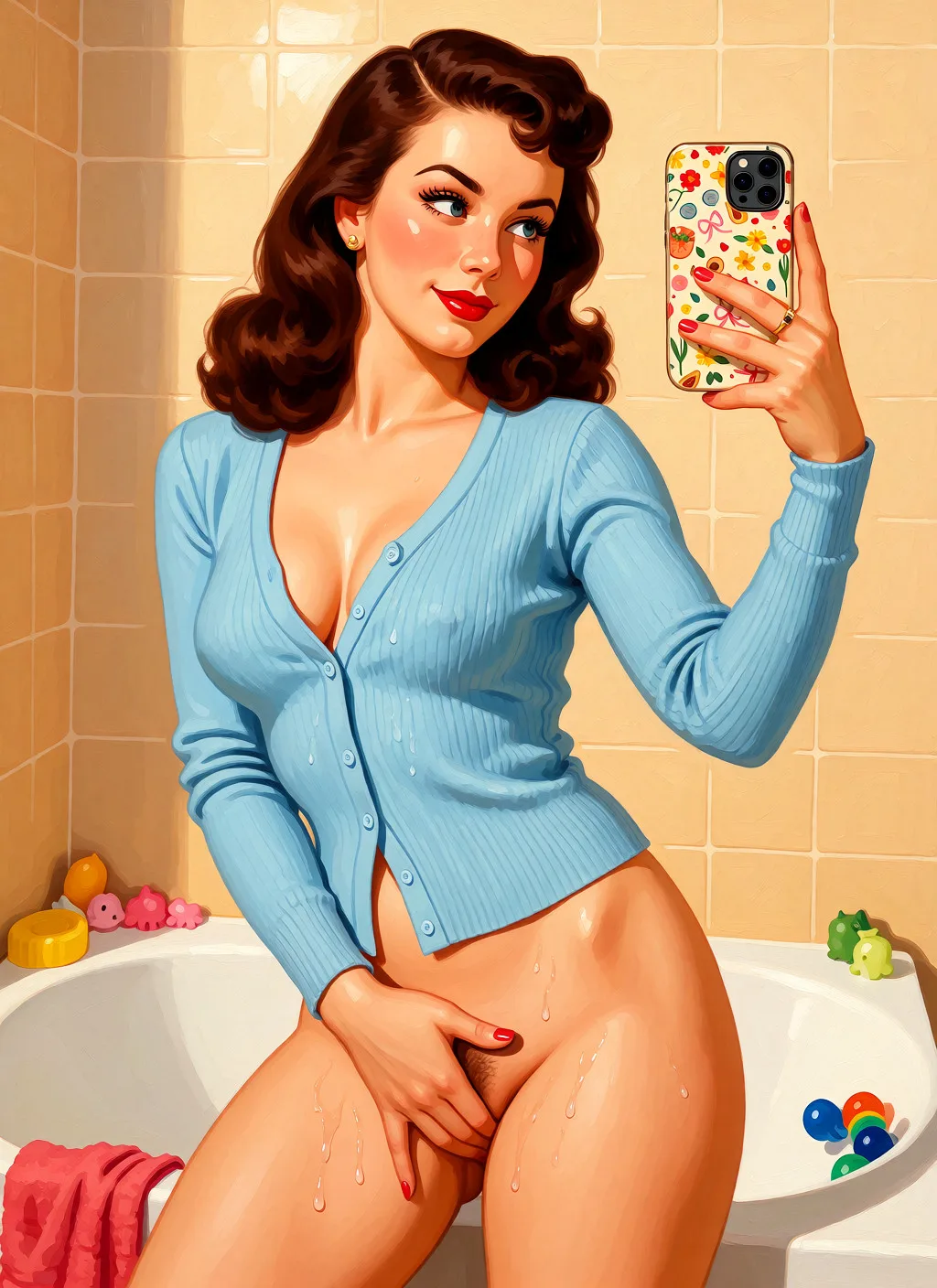 Redraw the entire picture as a retro pin-up illustration: smooth airbrushed gouache paint, warm saturated mid-century colour, clean confident outlines and glamorous stylised features, in the look of a 1950s pin-up poster. The background is painted in the same style. Nothing in the frame keeps its photographic appearance. Above all, the picture must show: Naked touching her pussy.