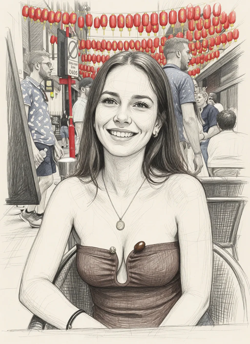 Redraw the entire picture as a hand-drawn graphite sketch on off-white paper: visible pencil strokes, cross-hatched shading, loose construction lines and no colour beyond the grey of the pencil and the tone of the paper. The background is drawn in the same style. Nothing in the frame keeps its photographic appearance. Above all, the picture must show: Cupping her naked breasts_out.