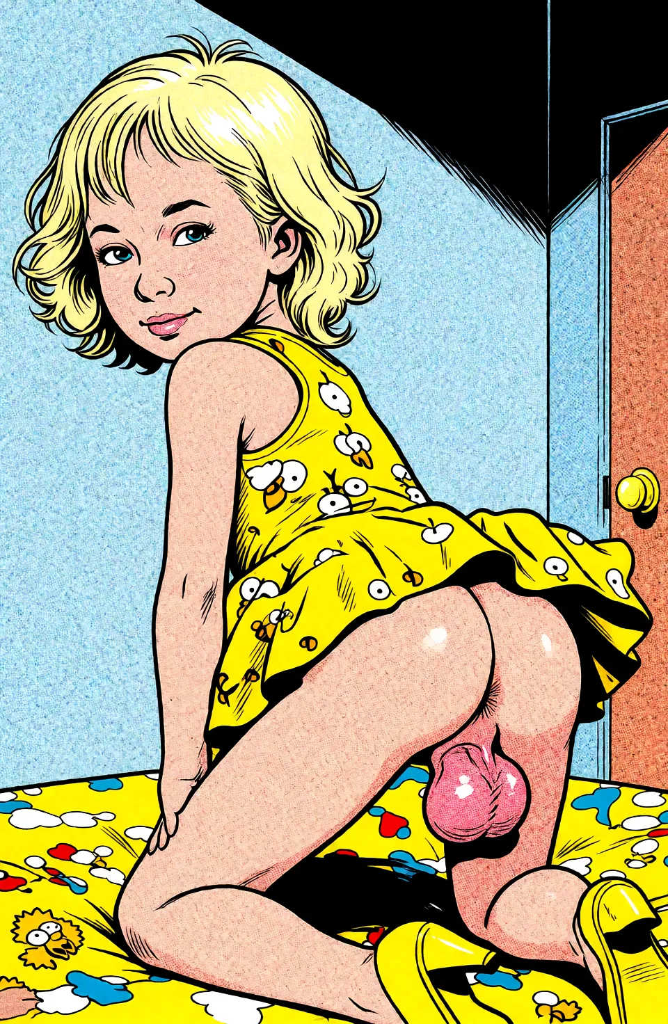 Redraw the entire picture as western comic-book art: heavy black inked outlines, hard-edged cel shading, limited high-contrast colour and visible halftone dot texture. The background is drawn in the same style. Nothing in the frame keeps its photographic appearance. Above all, the picture must show: huge_penis doggystyle sex.