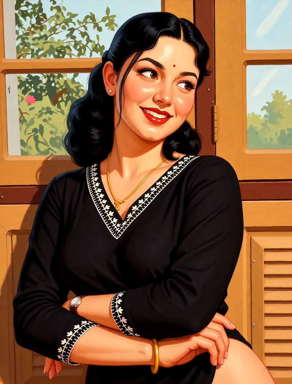 Redraw the entire picture as a retro pin-up illustration: smooth airbrushed gouache paint, warm saturated mid-century colour, clean confident outlines and glamorous stylised features, in the look of a 1950s pin-up poster. The background is painted in the same style. Nothing in the frame keeps its photographic appearance. Above all, the picture must show: nude.
