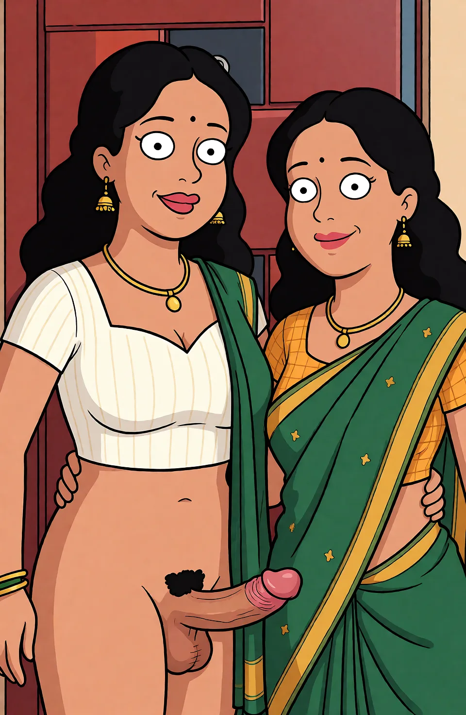 Redraw the entire picture as a western animated cartoon cel: thick even outlines, flat bright blocks of colour, simplified rounded shapes and hard-edged shadows, in the look of a television cartoon rather than of a camera. Keep the woman's adult proportions and adult figure exactly as they are; only the drawing style changes. The background is drawn in the same style. Nothing in the frame keeps its photographic appearance. Above all, the picture must show: gangbang.