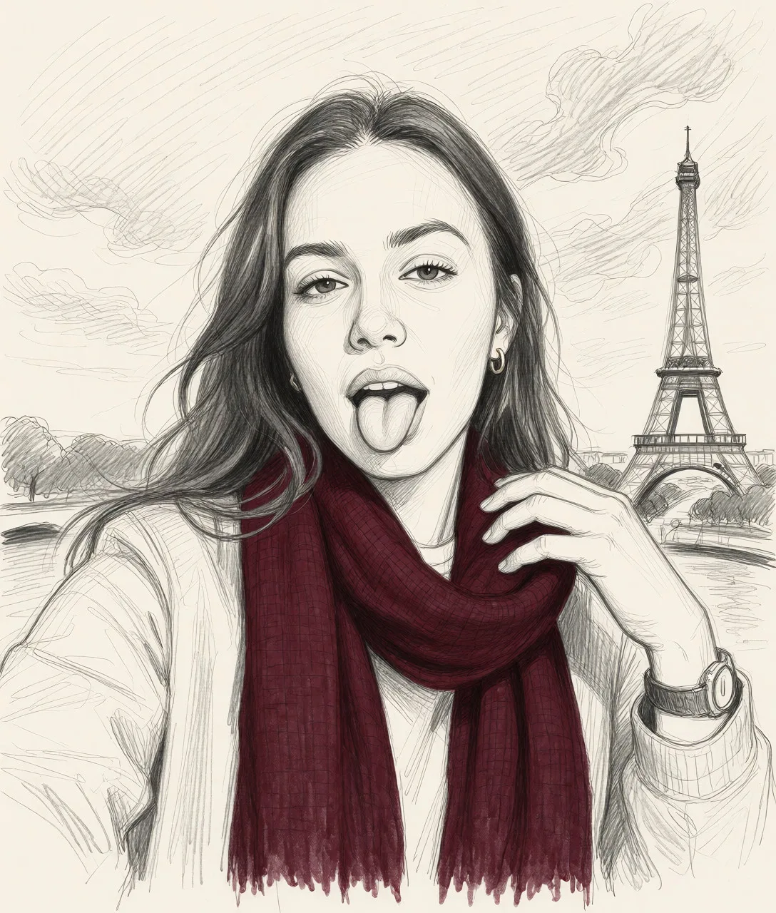 Redraw the entire picture as a hand-drawn graphite sketch on off-white paper: visible pencil strokes, cross-hatched shading, loose construction lines and no colour beyond the grey of the pencil and the tone of the paper. The background is drawn in the same style. Nothing in the frame keeps its photographic appearance. Above all, the picture must show: Makes blowjob hard.