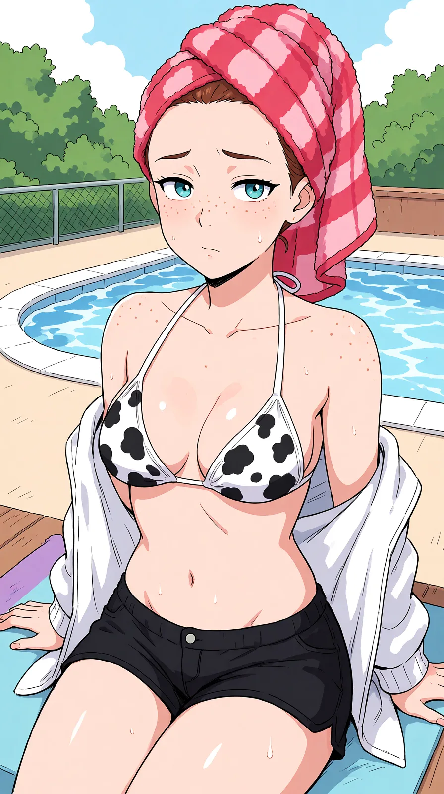 Redraw the entire picture as a hand-drawn anime illustration in flat cel-shaded anime style. It stays the same person with the same face, the same expression, the same hair and the same skin tone, and every other detail of the photograph is kept exactly as it is: nothing is added, removed, moved, uncovered or recoloured. Only the medium changes, and no part of the picture is left photographic. Above all, the picture must show: undressing.