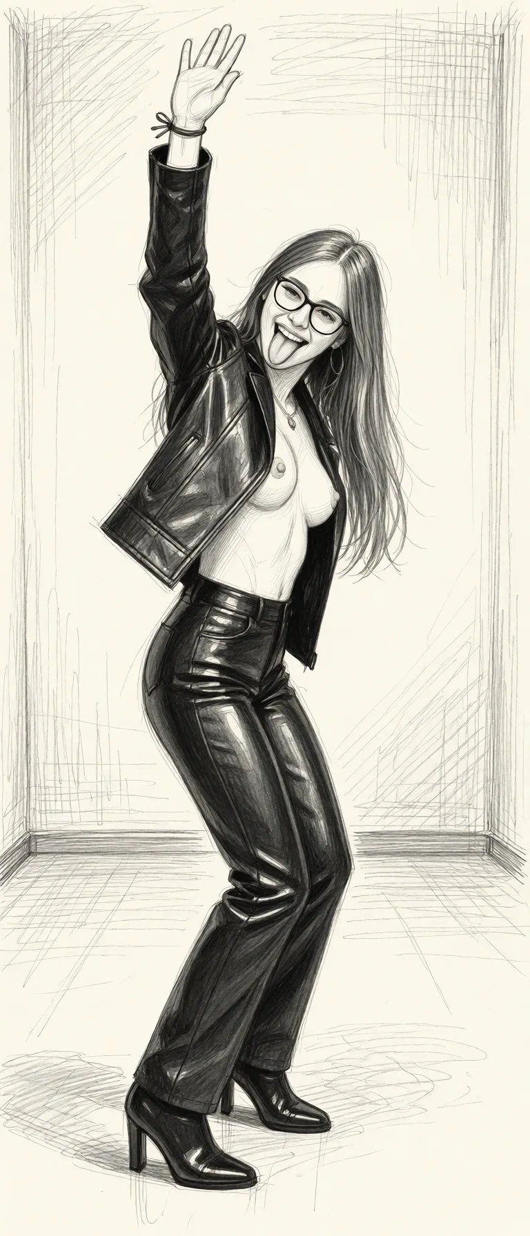 Redraw the entire picture as a hand-drawn graphite sketch on off-white paper: visible pencil strokes, cross-hatched shading, loose construction lines and no colour beyond the grey of the pencil and the tone of the paper. The background is drawn in the same style. Nothing in the frame keeps its photographic appearance. Above all, the picture must show: Make her wear a tight leather black suit, that lets her tits out, and make her tongue stick out of her mouth, don't change anything from her face.