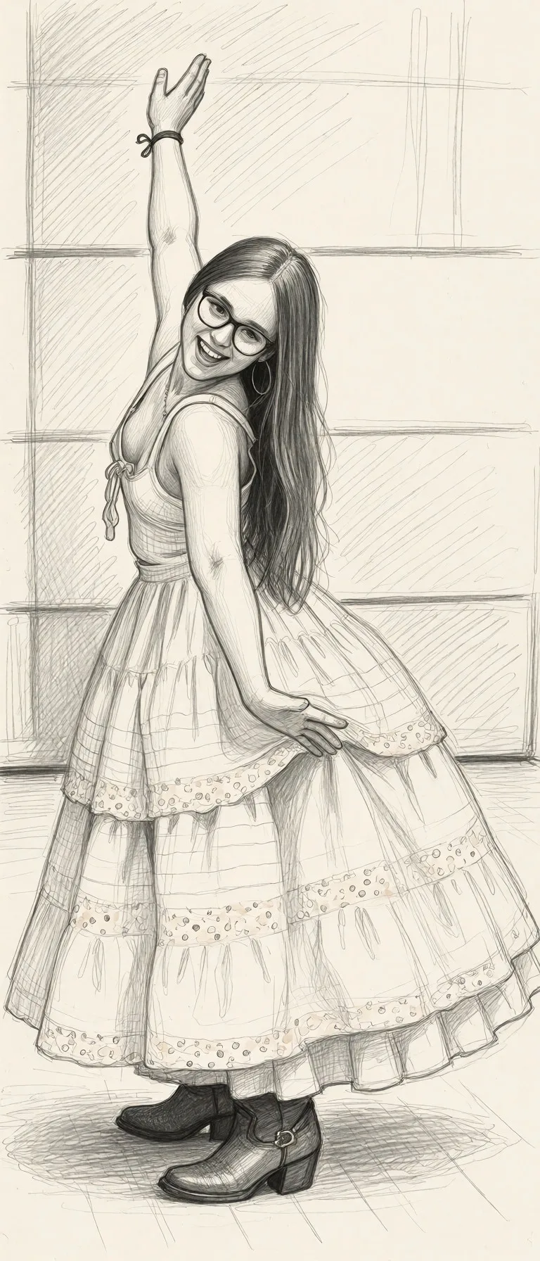 Redraw the entire picture as a hand-drawn graphite sketch on off-white paper: visible pencil strokes, cross-hatched shading, loose construction lines and no colour beyond the grey of the pencil and the tone of the paper. The background is drawn in the same style. Nothing in the frame keeps its photographic appearance. Above all, the picture must show: cowgirl_position nude.