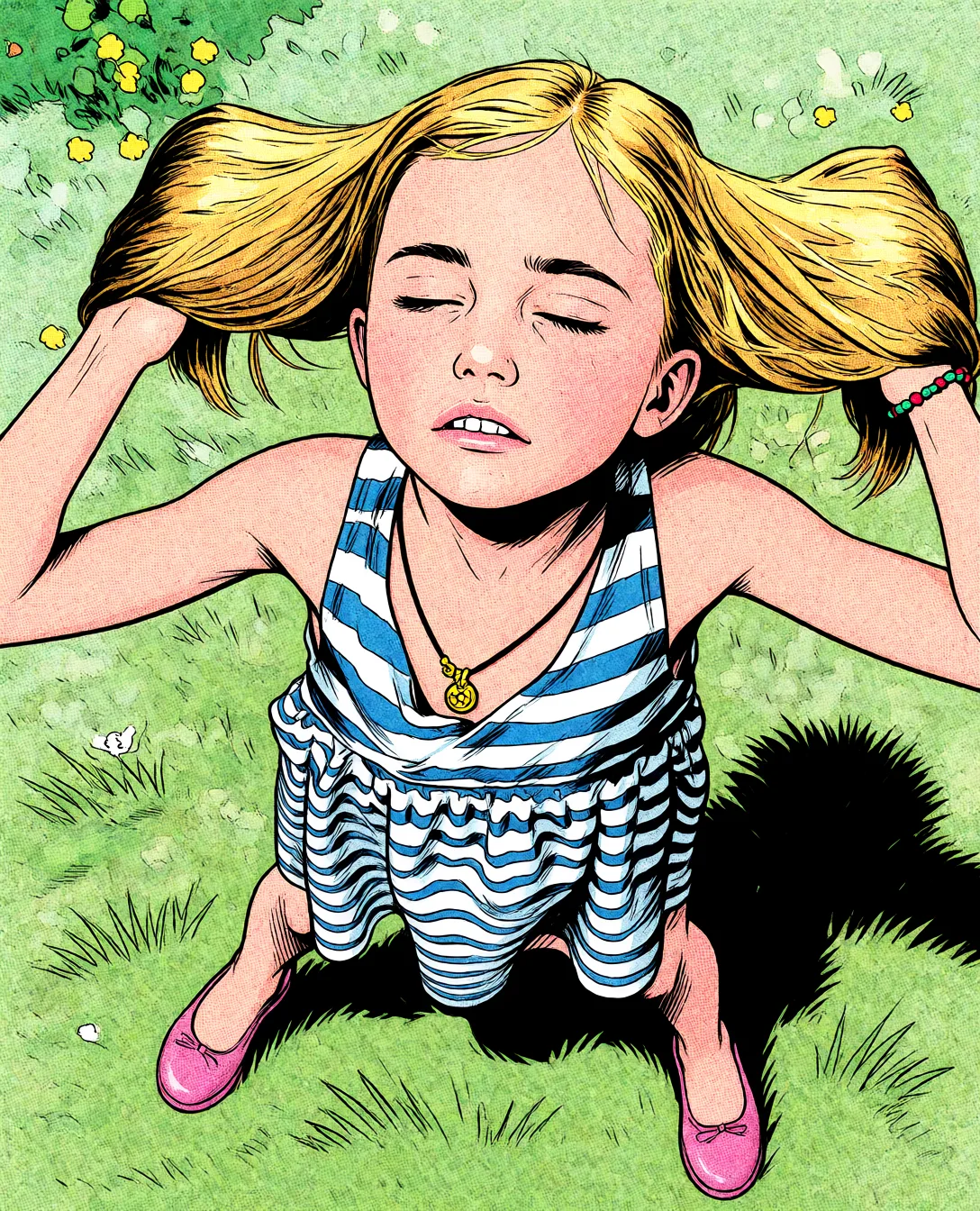 Redraw the entire picture as western comic-book art: heavy black inked outlines, hard-edged cel shading, limited high-contrast colour and visible halftone dot texture. The background is drawn in the same style. Nothing in the frame keeps its photographic appearance. Above all, the picture must show: spread_legs.