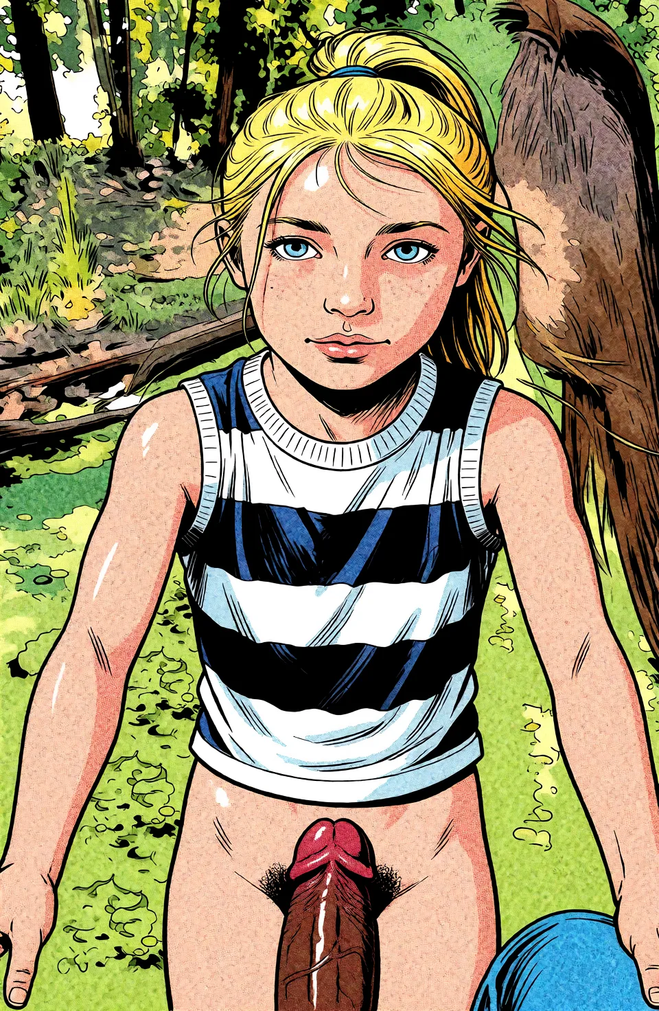 Redraw the entire picture as western comic-book art: heavy black inked outlines, hard-edged cel shading, limited high-contrast colour and visible halftone dot texture. The background is drawn in the same style. Nothing in the frame keeps its photographic appearance. Above all, the picture must show: large_penis dark_skin.