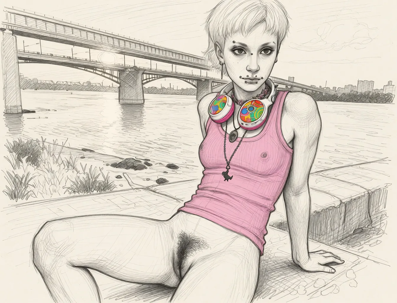 Redraw the entire picture as a hand-drawn graphite sketch on off-white paper: visible pencil strokes, cross-hatched shading, loose construction lines and no colour beyond the grey of the pencil and the tone of the paper. The background is drawn in the same style. Nothing in the frame keeps its photographic appearance. Above all, the picture must show: nude, pubic_hair.
