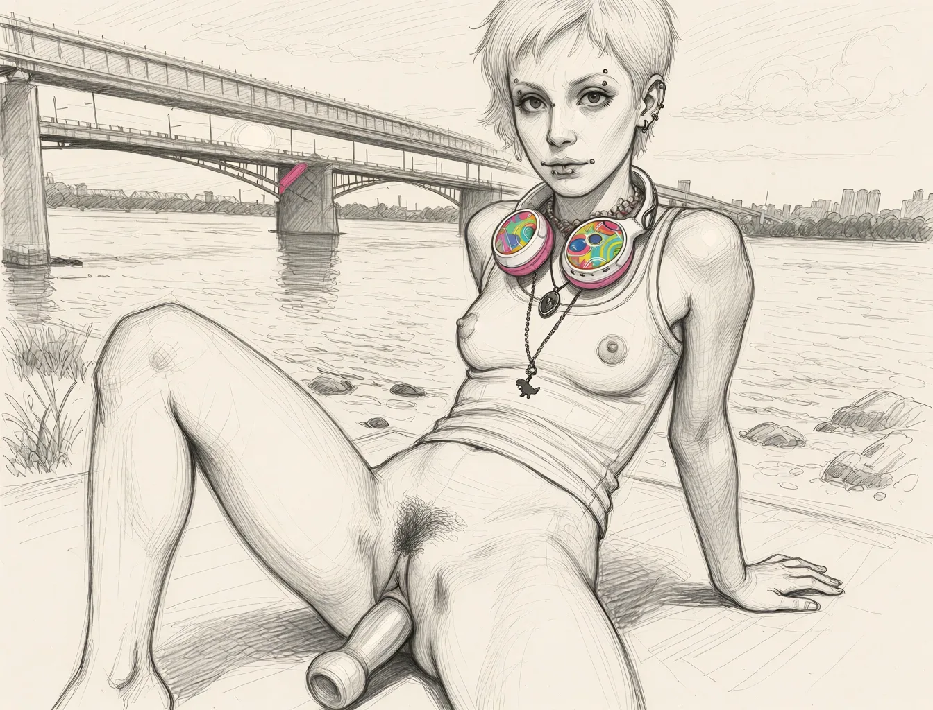 Redraw the entire picture as a hand-drawn graphite sketch on off-white paper: visible pencil strokes, cross-hatched shading, loose construction lines and no colour beyond the grey of the pencil and the tone of the paper. The background is drawn in the same style. Nothing in the frame keeps its photographic appearance. Above all, the picture must show: nude, pubic_hair, anal_object_insertion, sex_toy.