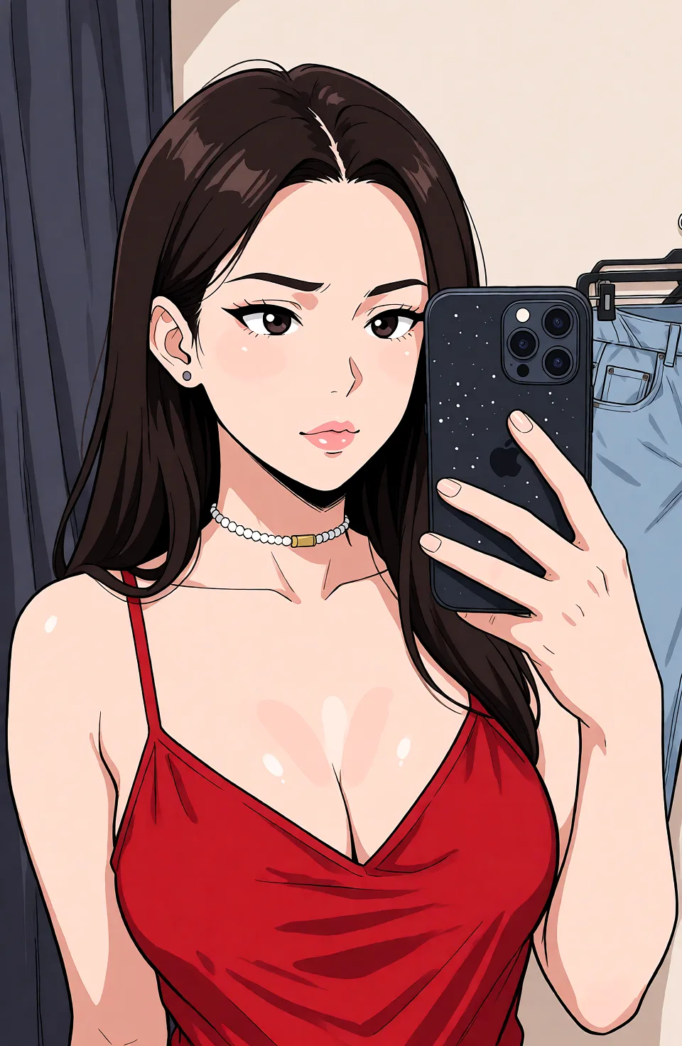 Redraw the entire picture as a hand-drawn anime illustration in flat cel-shaded anime style. It stays the same person with the same face, the same expression, the same hair and the same skin tone, and every other detail of the photograph is kept exactly as it is: nothing is added, removed, moved, uncovered or recoloured. Only the medium changes, and no part of the picture is left photographic. Above all, the picture must show: Секс.