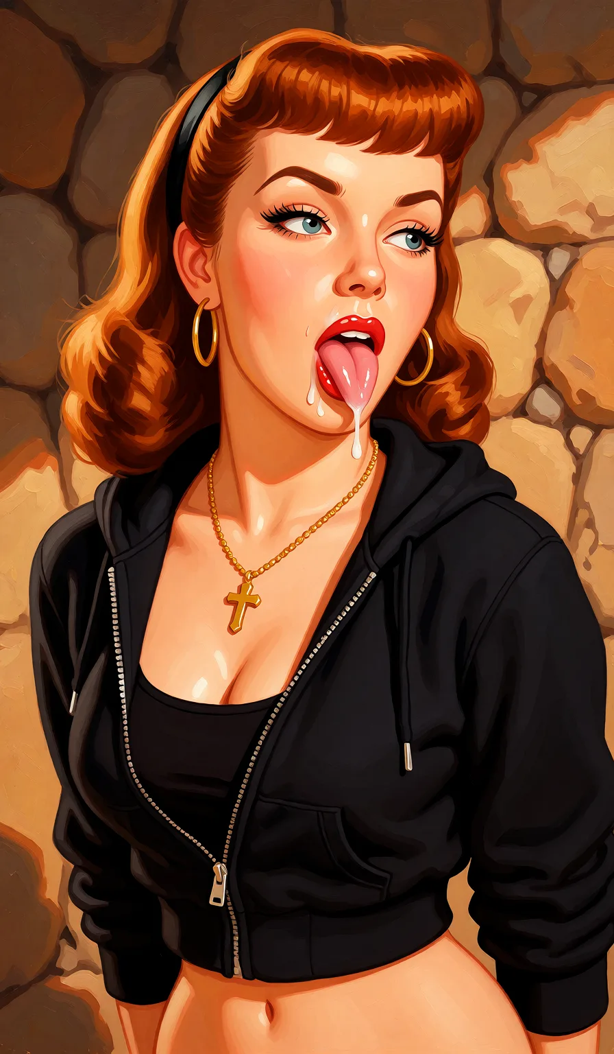 Redraw the entire picture as a retro pin-up illustration: smooth airbrushed gouache paint, warm saturated mid-century colour, clean confident outlines and glamorous stylised features, in the look of a 1950s pin-up poster. The background is painted in the same style. Nothing in the frame keeps its photographic appearance. Above all, the picture must show: Nothing on and giving a blowjob.
