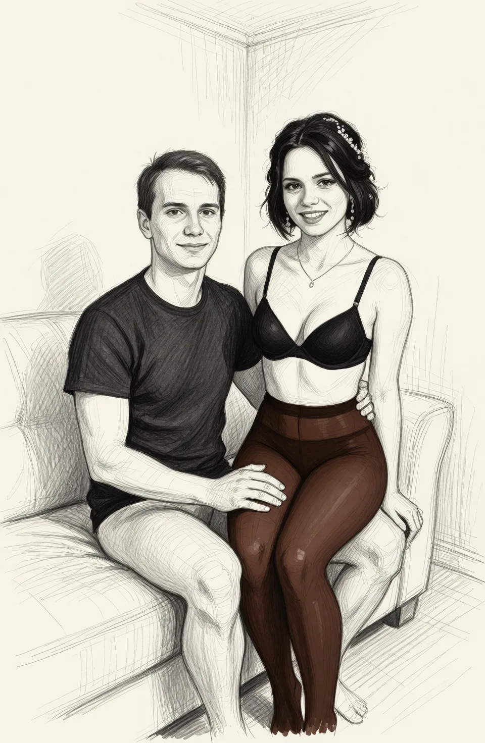 Redraw the entire picture as a hand-drawn graphite sketch on off-white paper: visible pencil strokes, cross-hatched shading, loose construction lines and no colour beyond the grey of the pencil and the tone of the paper. The background is drawn in the same style. Nothing in the frame keeps its photographic appearance. Above all, the picture must show: He's sitting on the couch, wearing a black T-shirt and no pants. She's sitting on his knee, wearing a black bra and tight brown tights.