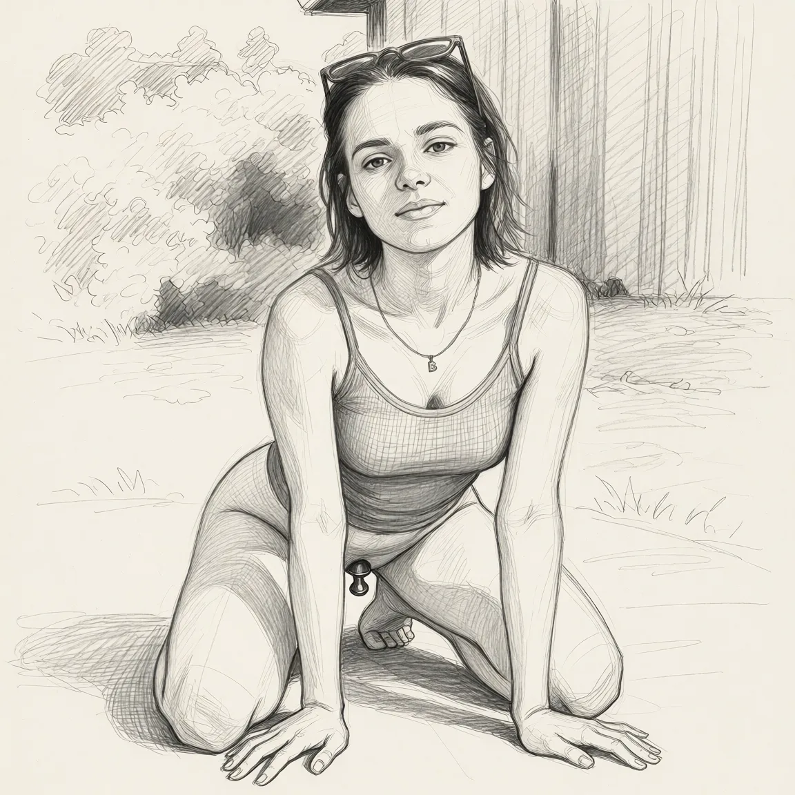 Redraw the entire picture as a hand-drawn graphite sketch on off-white paper: visible pencil strokes, cross-hatched shading, loose construction lines and no colour beyond the grey of the pencil and the tone of the paper. The background is drawn in the same style. Nothing in the frame keeps its photographic appearance. Above all, the picture must show: She is on her knees, with her butt naked, and a butt plug is visible in her anus.
