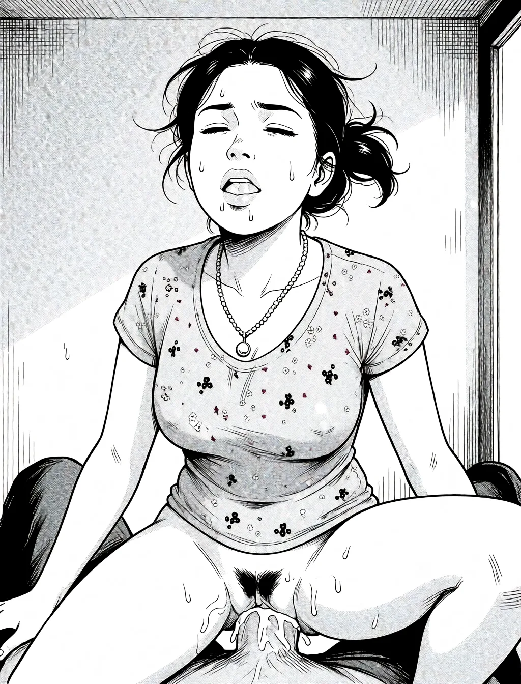 Redraw the entire picture as a black and white manga page: crisp black ink line art, no colour anywhere, flat halftone screentone shading, hatched shadows and clean white highlights, in the look of a printed manga panel. The background is drawn in the same style. Nothing in the frame keeps its photographic appearance. Above all, the picture must show: gangbang both her holes filled but face is same.