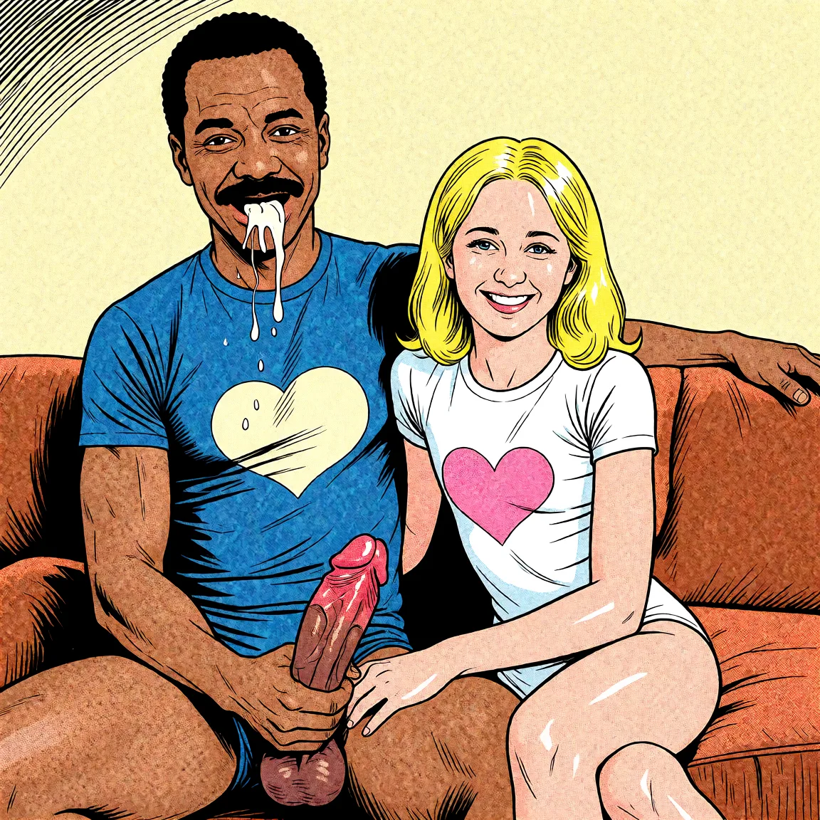 Redraw the entire picture as western comic-book art: heavy black inked outlines, hard-edged cel shading, limited high-contrast colour and visible halftone dot texture. The background is drawn in the same style. Nothing in the frame keeps its photographic appearance. Above all, the picture must show: embarrassed cum_in_mouth.