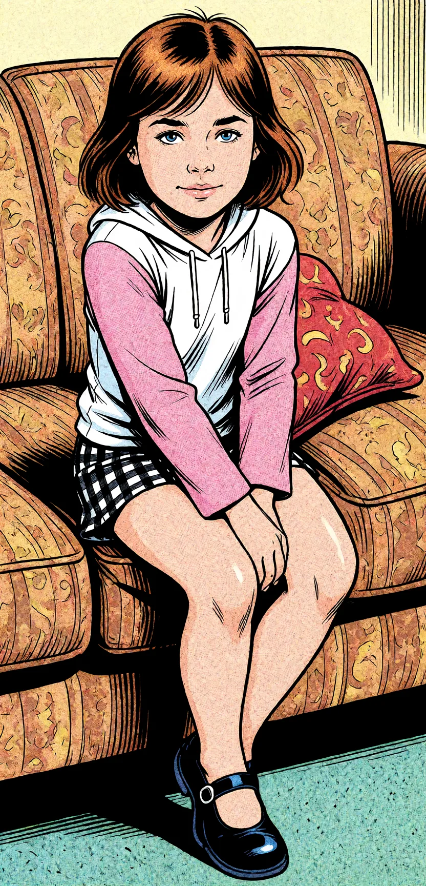 Redraw the entire picture as western comic-book art: heavy black inked outlines, hard-edged cel shading, limited high-contrast colour and visible halftone dot texture. The background is drawn in the same style. Nothing in the frame keeps its photographic appearance. Above all, the picture must show: spread_legs smile.