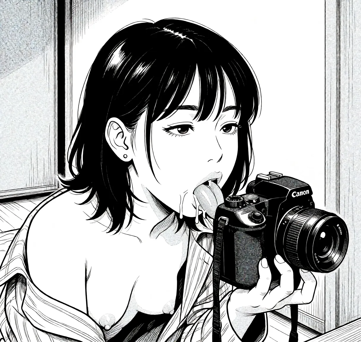 Redraw the entire picture as a black and white manga page: crisp black ink line art, no colour anywhere, flat halftone screentone shading, hatched shadows and clean white highlights, in the look of a printed manga panel. The background is drawn in the same style. Nothing in the frame keeps its photographic appearance. Above all, the picture must show: she gets naked and gives a fellatio.