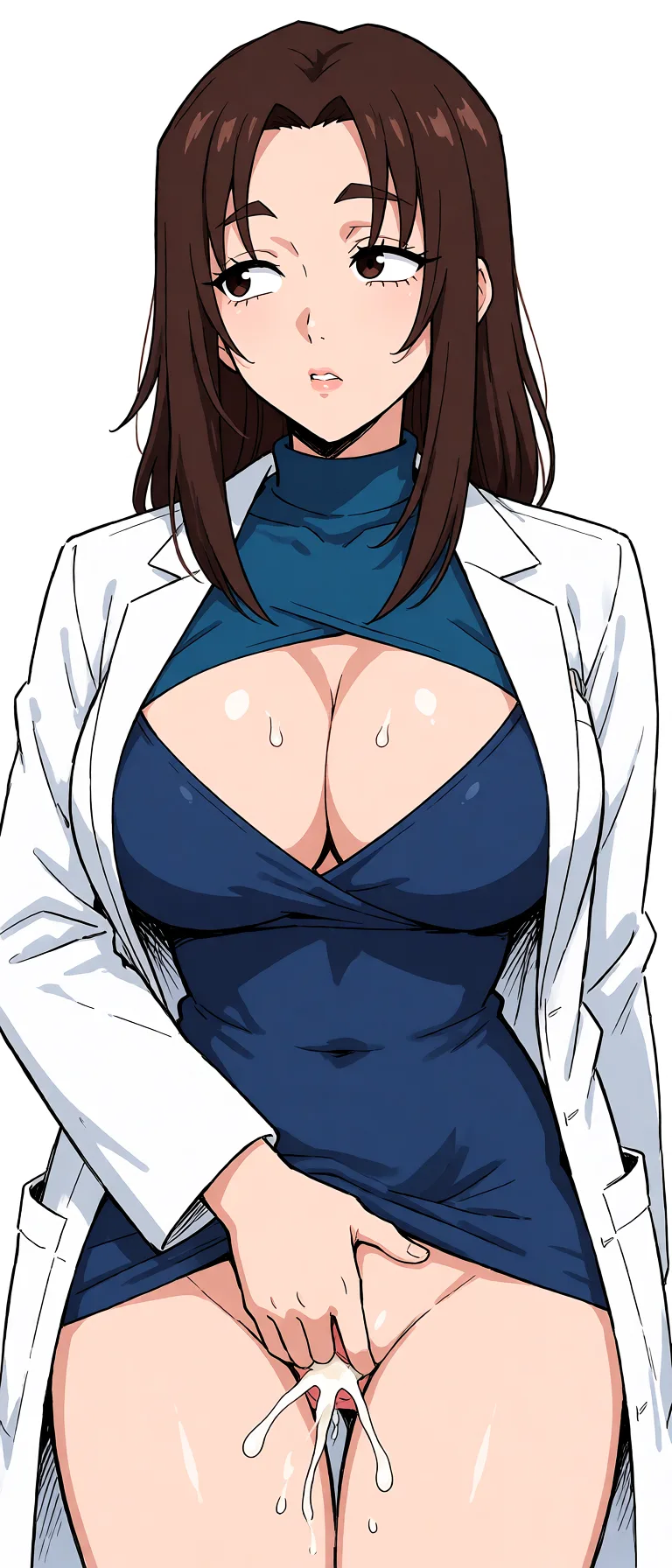Redraw the entire picture as a hand-drawn anime illustration in flat cel-shaded anime style. It stays the same person with the same face, the same expression, the same hair and the same skin tone, and every other detail of the photograph is kept exactly as it is: nothing is added, removed, moved, uncovered or recoloured. Only the medium changes, and no part of the picture is left photographic. Above all, the picture must show: make it so person is facing the camera and hand is in her pussy and also make it so there is squirt comming out after being nude.