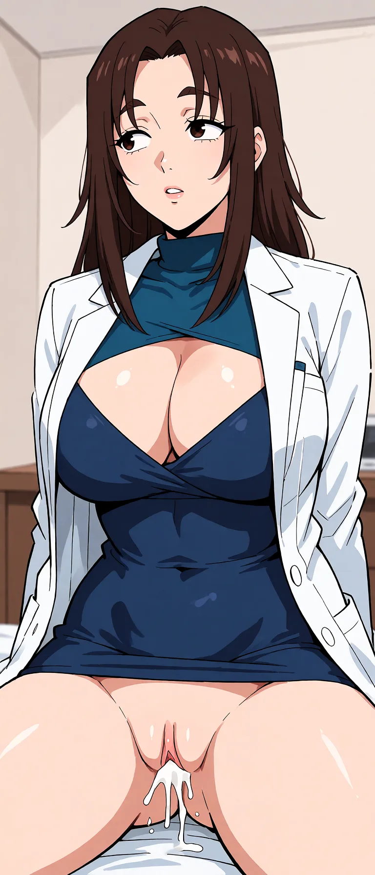 Redraw the entire picture as a hand-drawn anime illustration in flat cel-shaded anime style. It stays the same person with the same face, the same expression, the same hair and the same skin tone, and every other detail of the photograph is kept exactly as it is: nothing is added, removed, moved, uncovered or recoloured. Only the medium changes, and no part of the picture is left photographic. Above all, the picture must show: face the camera make it so its only the female in the picture and pussy is facing and make it so she is masturbation.