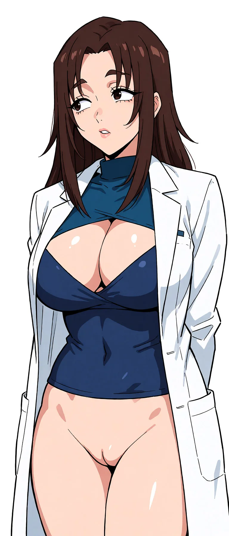 Redraw the entire picture as a hand-drawn anime illustration in flat cel-shaded anime style. It stays the same person with the same face, the same expression, the same hair and the same skin tone, and every other detail of the photograph is kept exactly as it is: nothing is added, removed, moved, uncovered or recoloured. Only the medium changes, and no part of the picture is left photographic. Above all, the picture must show: naked with shaved pussy and sexy.