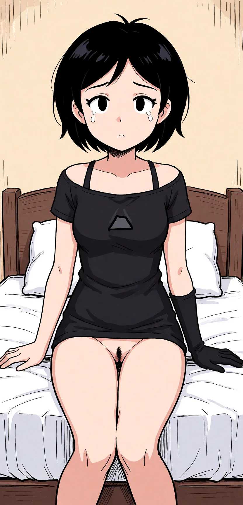Redraw the entire picture as a hand-drawn anime illustration in flat cel-shaded anime style. It stays the same person with the same face, the same expression, the same hair and the same skin tone, and every other detail of the photograph is kept exactly as it is: nothing is added, removed, moved, uncovered or recoloured. Only the medium changes, and no part of the picture is left photographic. Above all, the picture must show: make her fully naked hands by her sides and her sitting on a bed.