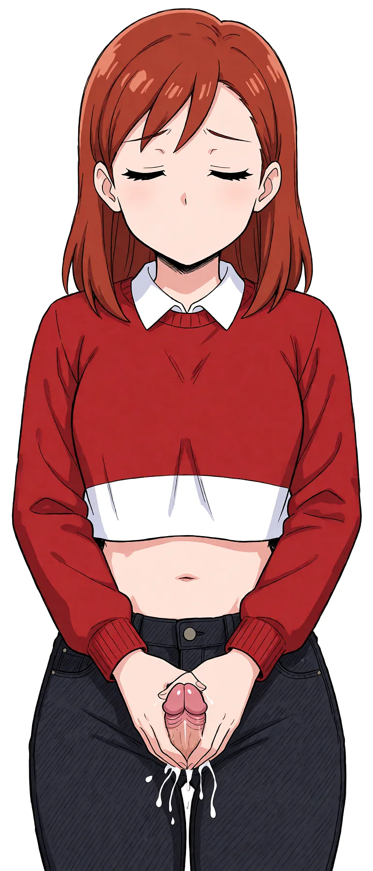 Redraw the entire picture as a hand-drawn anime illustration in flat cel-shaded anime style. It stays the same person with the same face, the same expression, the same hair and the same skin tone, and every other detail of the photograph is kept exactly as it is: nothing is added, removed, moved, uncovered or recoloured. Only the medium changes, and no part of the picture is left photographic. Above all, the picture must show: make her put her hands ontop of her penis and masturbate.