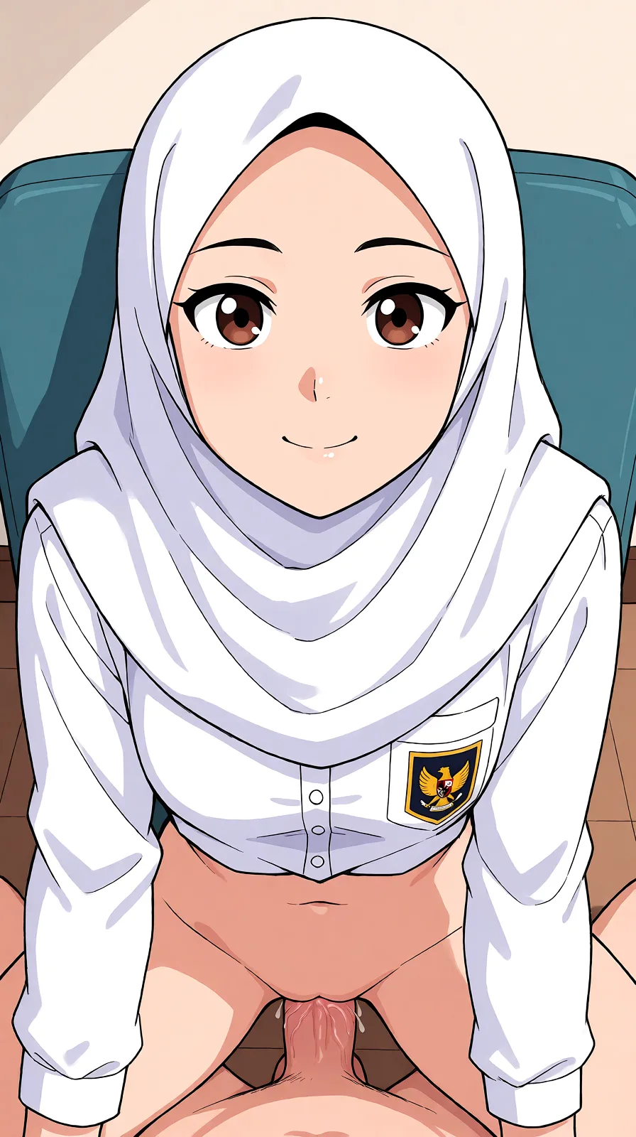 Redraw the entire picture as a hand-drawn anime illustration in flat cel-shaded anime style. It stays the same person with the same face, the same expression, the same hair and the same skin tone, and every other detail of the photograph is kept exactly as it is: nothing is added, removed, moved, uncovered or recoloured. Only the medium changes, and no part of the picture is left photographic. Above all, the picture must show: masturbation.