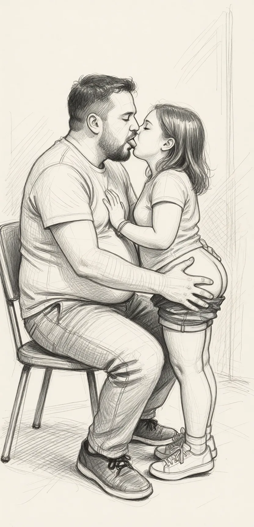 Redraw the entire picture as a hand-drawn graphite sketch on off-white paper: visible pencil strokes, cross-hatched shading, loose construction lines and no colour beyond the grey of the pencil and the tone of the paper. The background is drawn in the same style. Nothing in the frame keeps its photographic appearance. Above all, the picture must show: He has a potbelly and a beard, he's sitting on a chair, she is short and plump, her shorts are pushed down, they are tongue kissing, he's squeezing her butt.