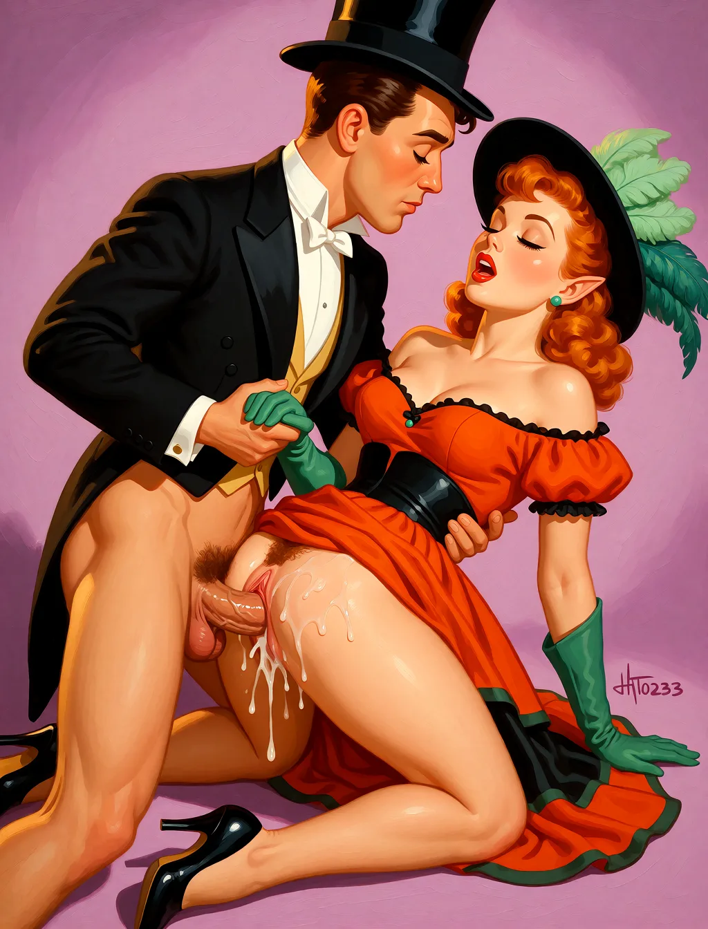 Redraw the entire picture as a retro pin-up illustration: smooth airbrushed gouache paint, warm saturated mid-century colour, clean confident outlines and glamorous stylised features, in the look of a 1950s pin-up poster. The background is painted in the same style. Nothing in the frame keeps its photographic appearance. Above all, the picture must show: couple fucking doggy style, veiny cock deep in wet vagina, cum dripping, passionate expressions, dynamic angle, volumetric lighting, slime.