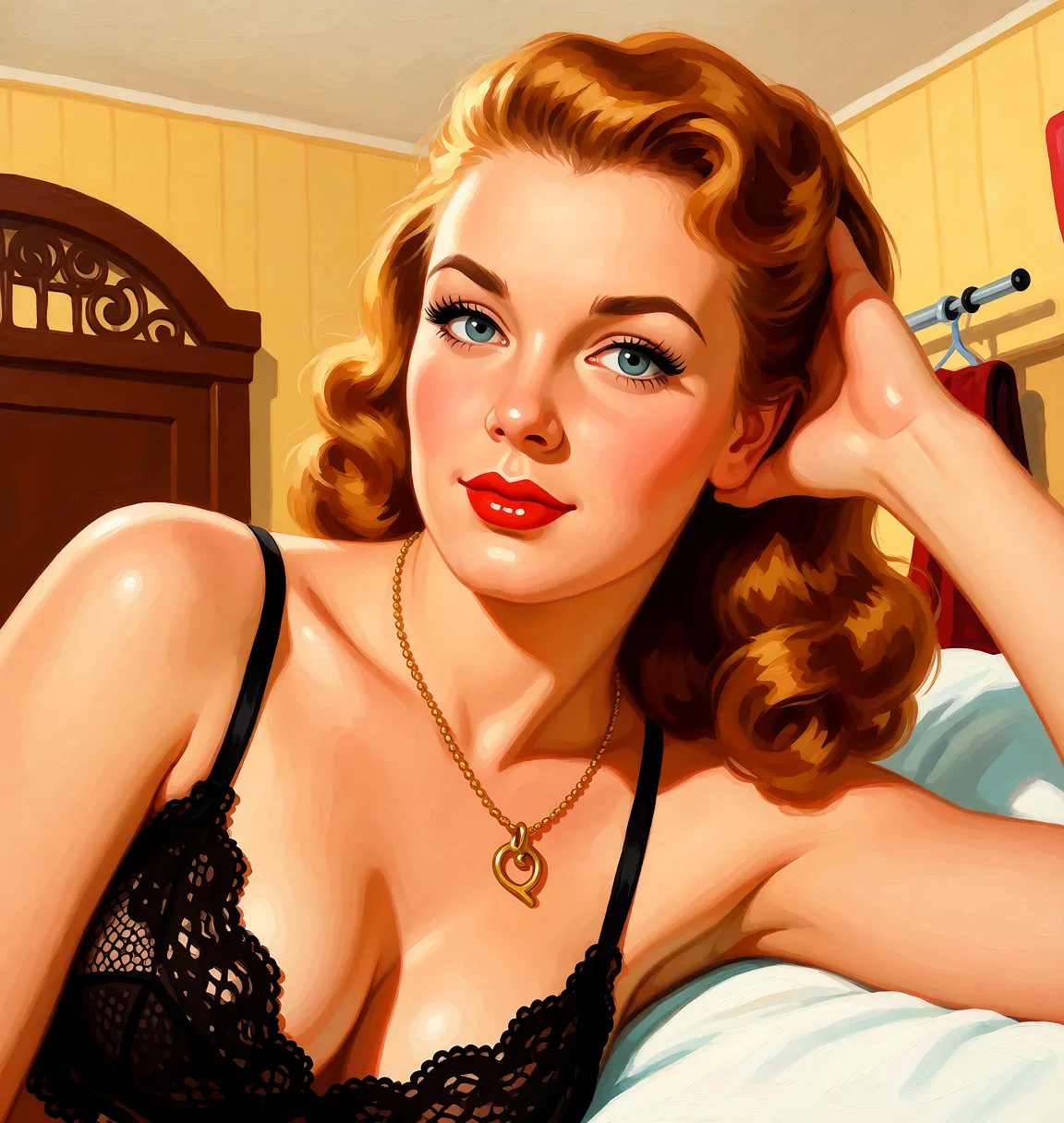 Redraw the entire picture as a retro pin-up illustration: smooth airbrushed gouache paint, warm saturated mid-century colour, clean confident outlines and glamorous stylised features, in the look of a 1950s pin-up poster. The background is painted in the same style. Nothing in the frame keeps its photographic appearance. Above all, the picture must show: completely_nude.
