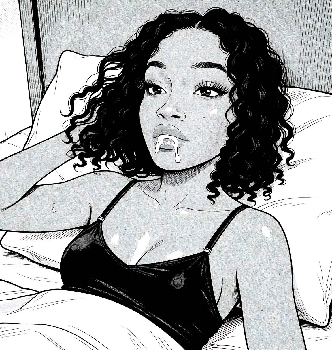 Redraw the entire picture as a black and white manga page: crisp black ink line art, no colour anywhere, flat halftone screentone shading, hatched shadows and clean white highlights, in the look of a printed manga panel. The background is drawn in the same style. Nothing in the frame keeps its photographic appearance. Above all, the picture must show: topless and nipple_slip showing.