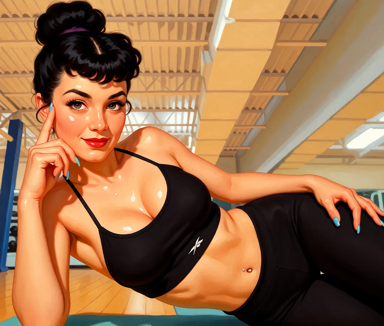 Redraw the entire picture as a retro pin-up illustration: smooth airbrushed gouache paint, warm saturated mid-century colour, clean confident outlines and glamorous stylised features, in the look of a 1950s pin-up poster. The background is painted in the same style. Nothing in the frame keeps its photographic appearance. Above all, the picture must show: nude.