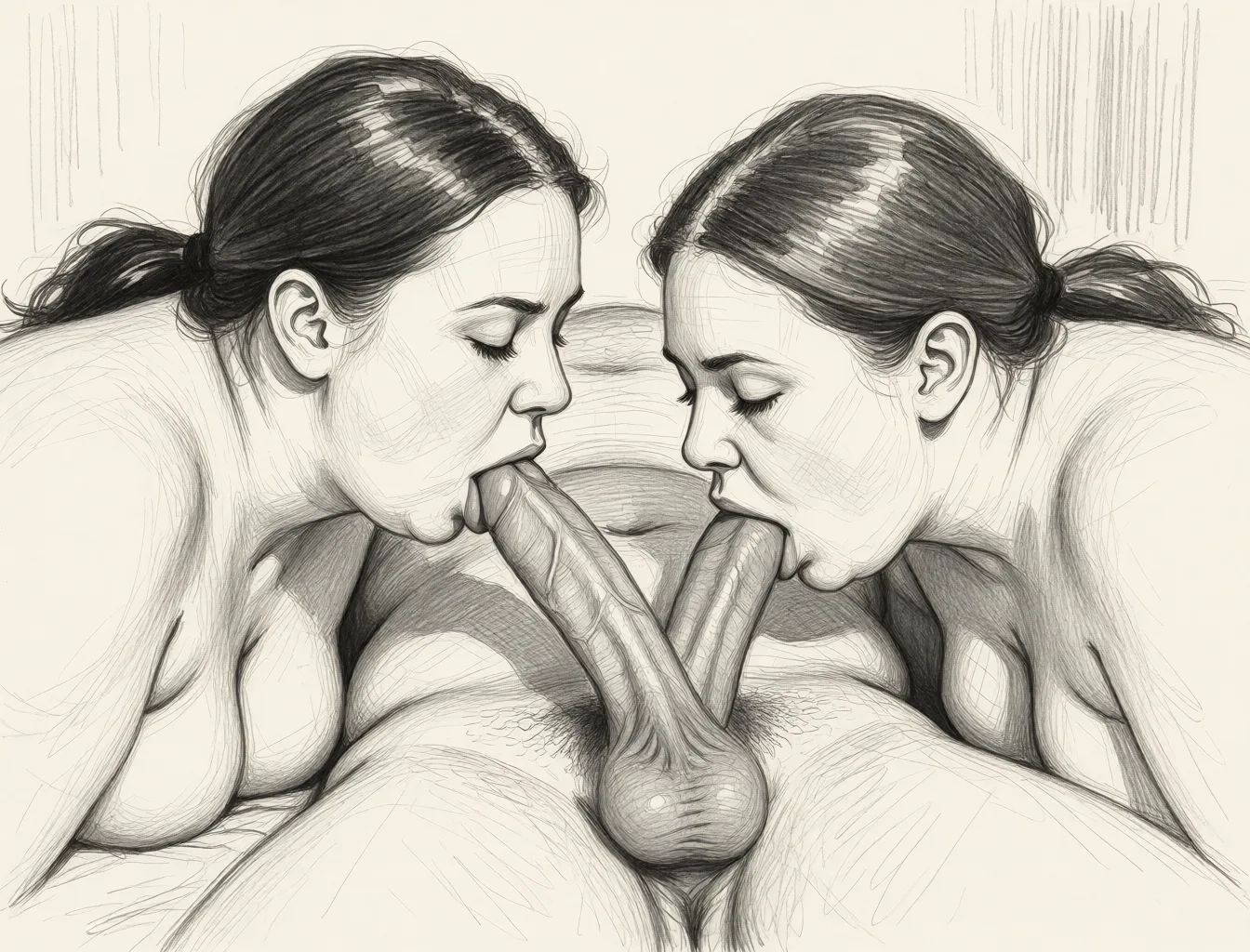 Redraw the entire picture as a hand-drawn graphite sketch on off-white paper: visible pencil strokes, cross-hatched shading, loose construction lines and no colour beyond the grey of the pencil and the tone of the paper. The background is drawn in the same style. Nothing in the frame keeps its photographic appearance. Above all, the picture must show: Don't change camera position.3 fat women licking penis.Don't change texture,structure or details of penis and testicles.Make it identical and make it feel that the scene looks real and it was shot in that moment.Don't change camera position.