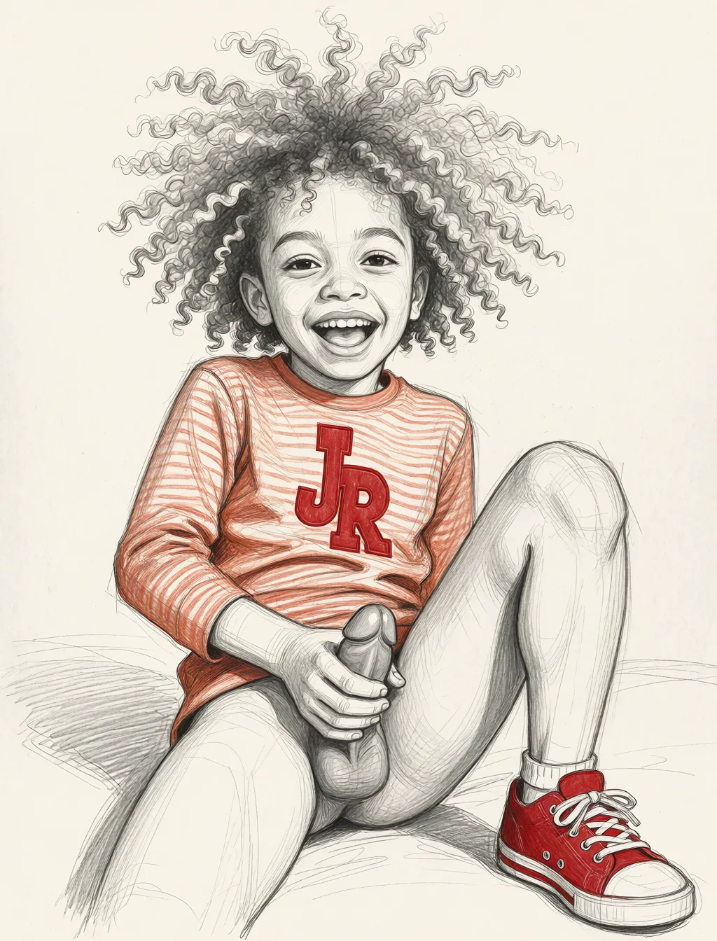 Redraw the entire picture as a hand-drawn graphite sketch on off-white paper: visible pencil strokes, cross-hatched shading, loose construction lines and no colour beyond the grey of the pencil and the tone of the paper. The background is drawn in the same style. Nothing in the frame keeps its photographic appearance. Above all, the picture must show: Him masturbating stroking his penis.