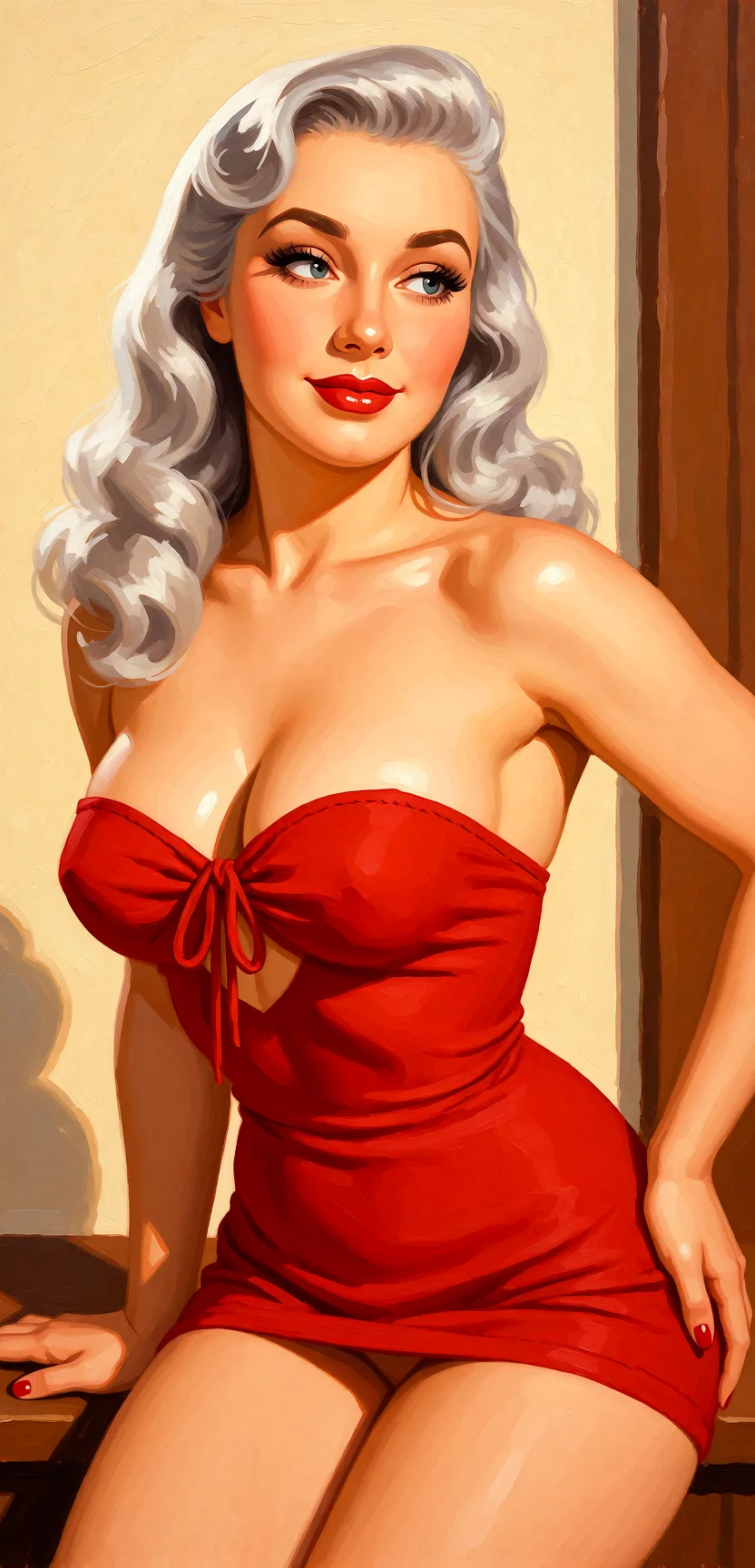 Redraw the entire picture as a retro pin-up illustration: smooth airbrushed gouache paint, warm saturated mid-century colour, clean confident outlines and glamorous stylised features, in the look of a 1950s pin-up poster. The background is painted in the same style. Nothing in the frame keeps its photographic appearance. Above all, the picture must show: Remove her clothes.