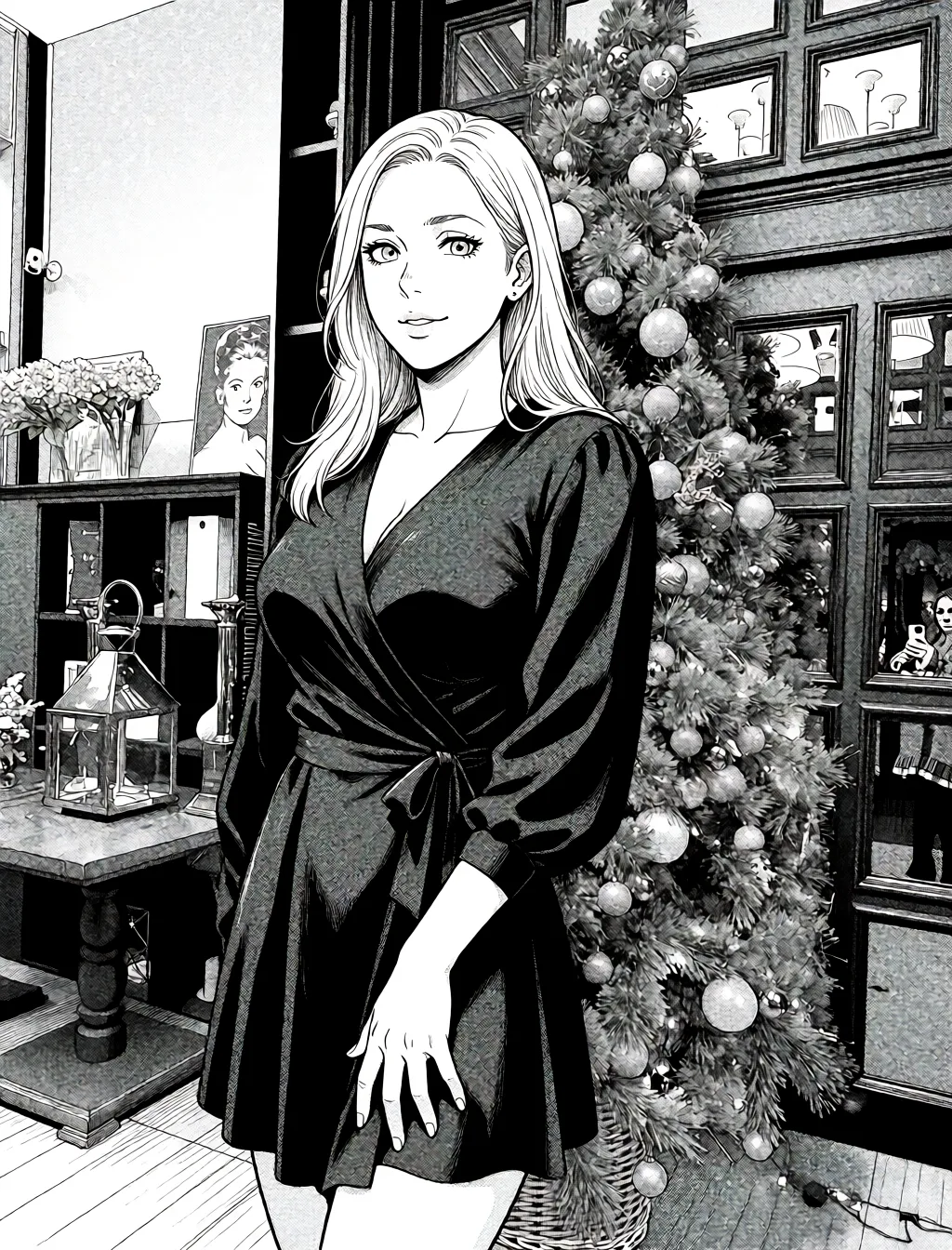 Redraw the entire picture as a black and white manga page: crisp black ink line art, no colour anywhere, flat halftone screentone shading, hatched shadows and clean white highlights, in the look of a printed manga panel. The background is drawn in the same style. Nothing in the frame keeps its photographic appearance. Above all, the picture must show: sex.