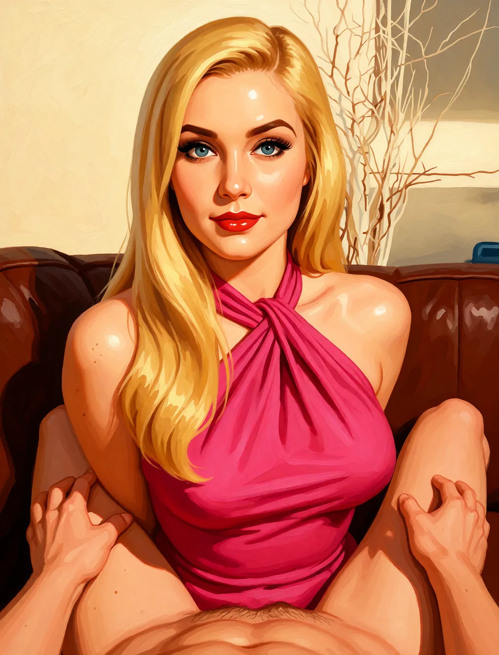 Redraw the entire picture as a retro pin-up illustration: smooth airbrushed gouache paint, warm saturated mid-century colour, clean confident outlines and glamorous stylised features, in the look of a 1950s pin-up poster. The background is painted in the same style. Nothing in the frame keeps its photographic appearance. Above all, the picture must show: missionary POV.