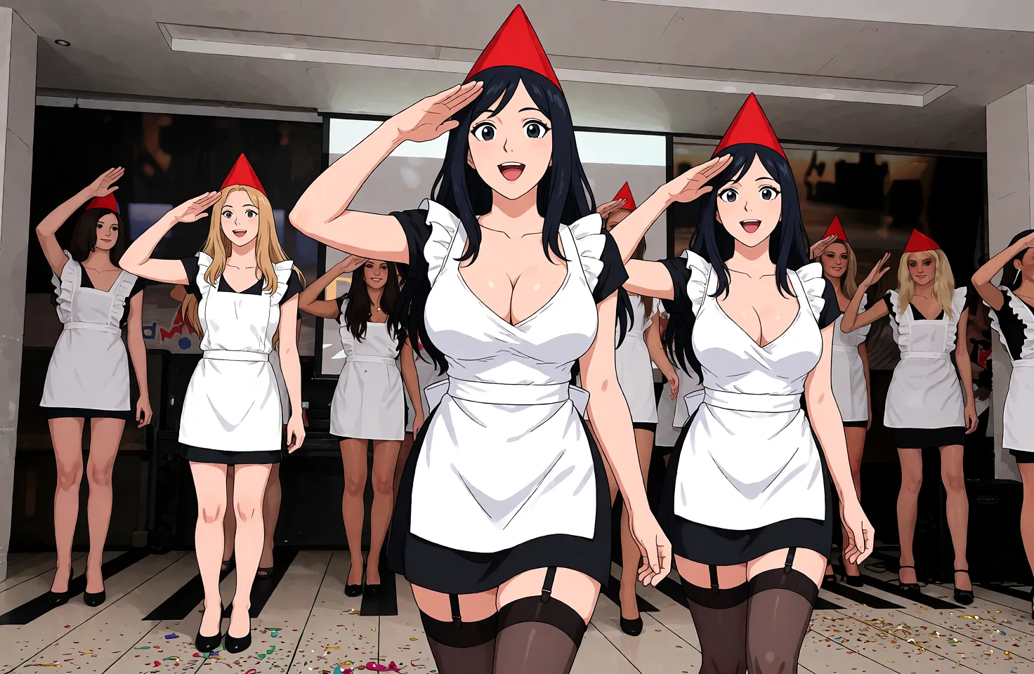 Redraw the entire picture as a hand-drawn anime illustration in flat cel-shaded anime style. It stays the same person with the same face, the same expression, the same hair and the same skin tone, and every other detail of the photograph is kept exactly as it is: nothing is added, removed, moved, uncovered or recoloured. Only the medium changes, and no part of the picture is left photographic. Above all, the picture must show: high quality, enlarge the breasts to a medium size, create cleavage, add stockings.
