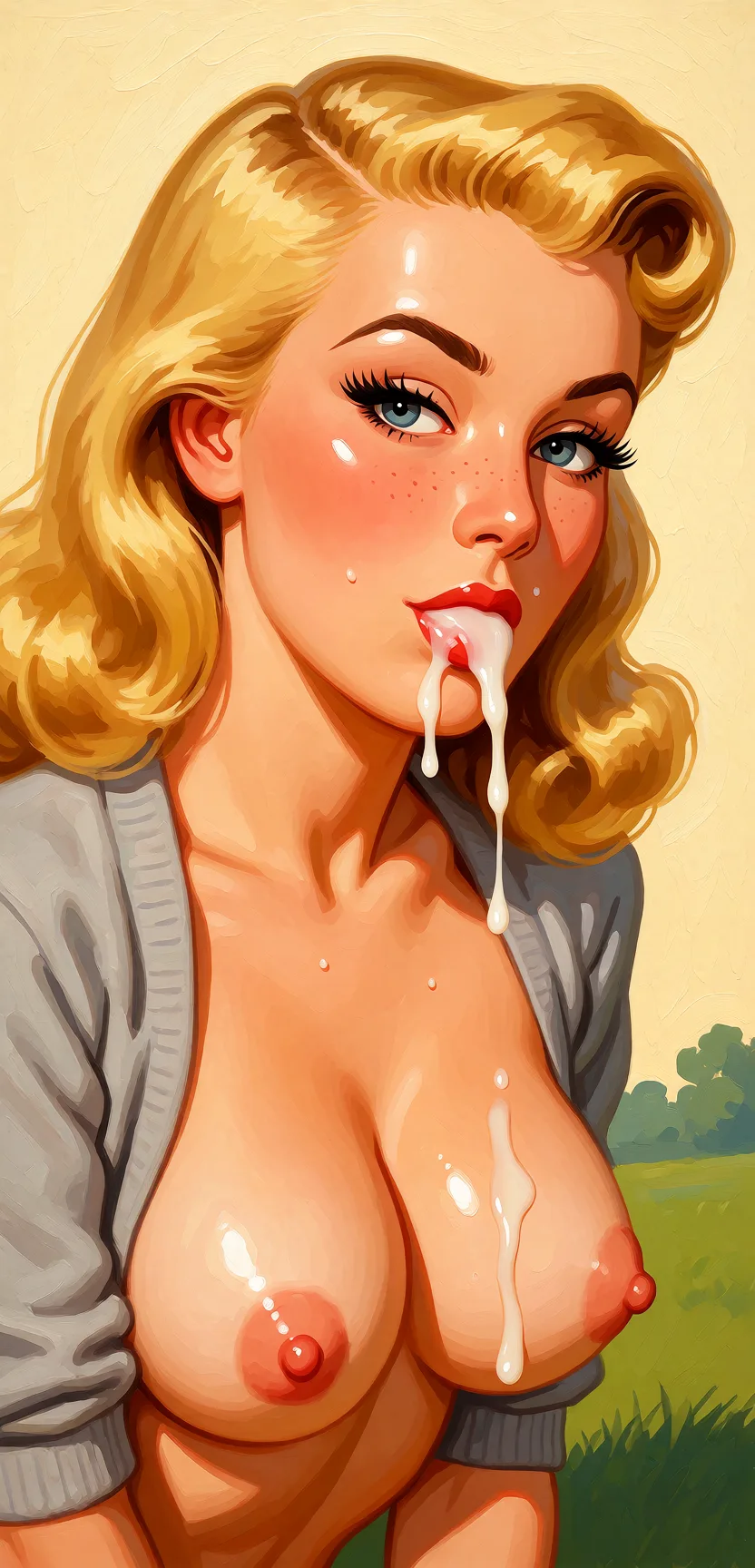 Redraw the entire picture as a retro pin-up illustration: smooth airbrushed gouache paint, warm saturated mid-century colour, clean confident outlines and glamorous stylised features, in the look of a 1950s pin-up poster. The background is painted in the same style. Nothing in the frame keeps its photographic appearance. Above all, the picture must show: cum on the faceless.