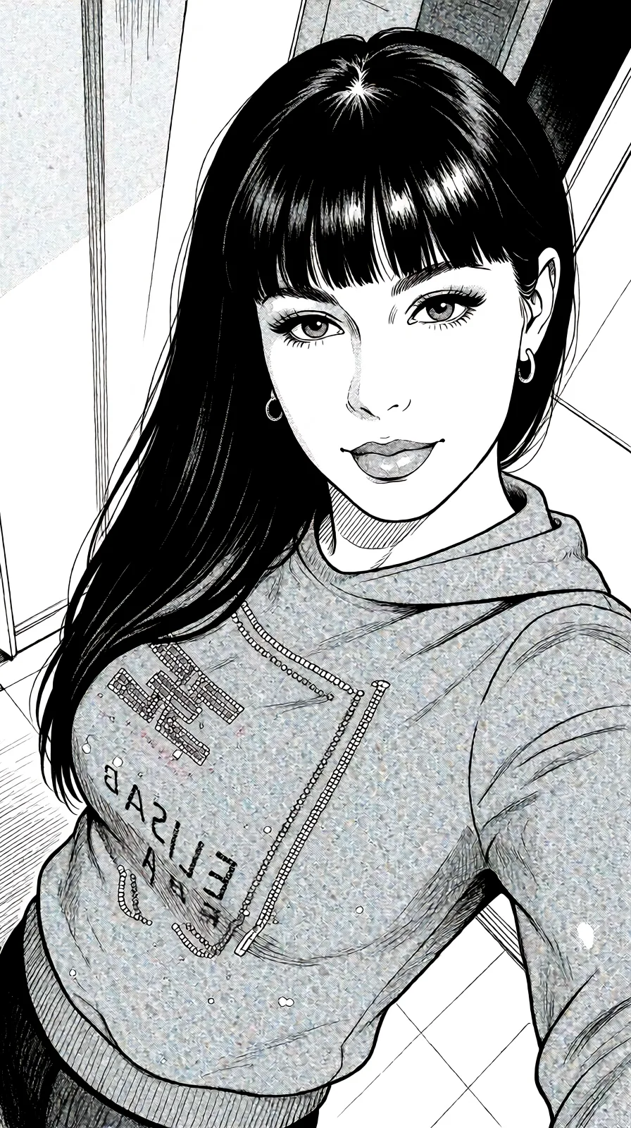 Redraw the entire picture as a black and white manga page: crisp black ink line art, no colour anywhere, flat halftone screentone shading, hatched shadows and clean white highlights, in the look of a printed manga panel. The background is drawn in the same style. Nothing in the frame keeps its photographic appearance. Above all, the picture must show: Минет.