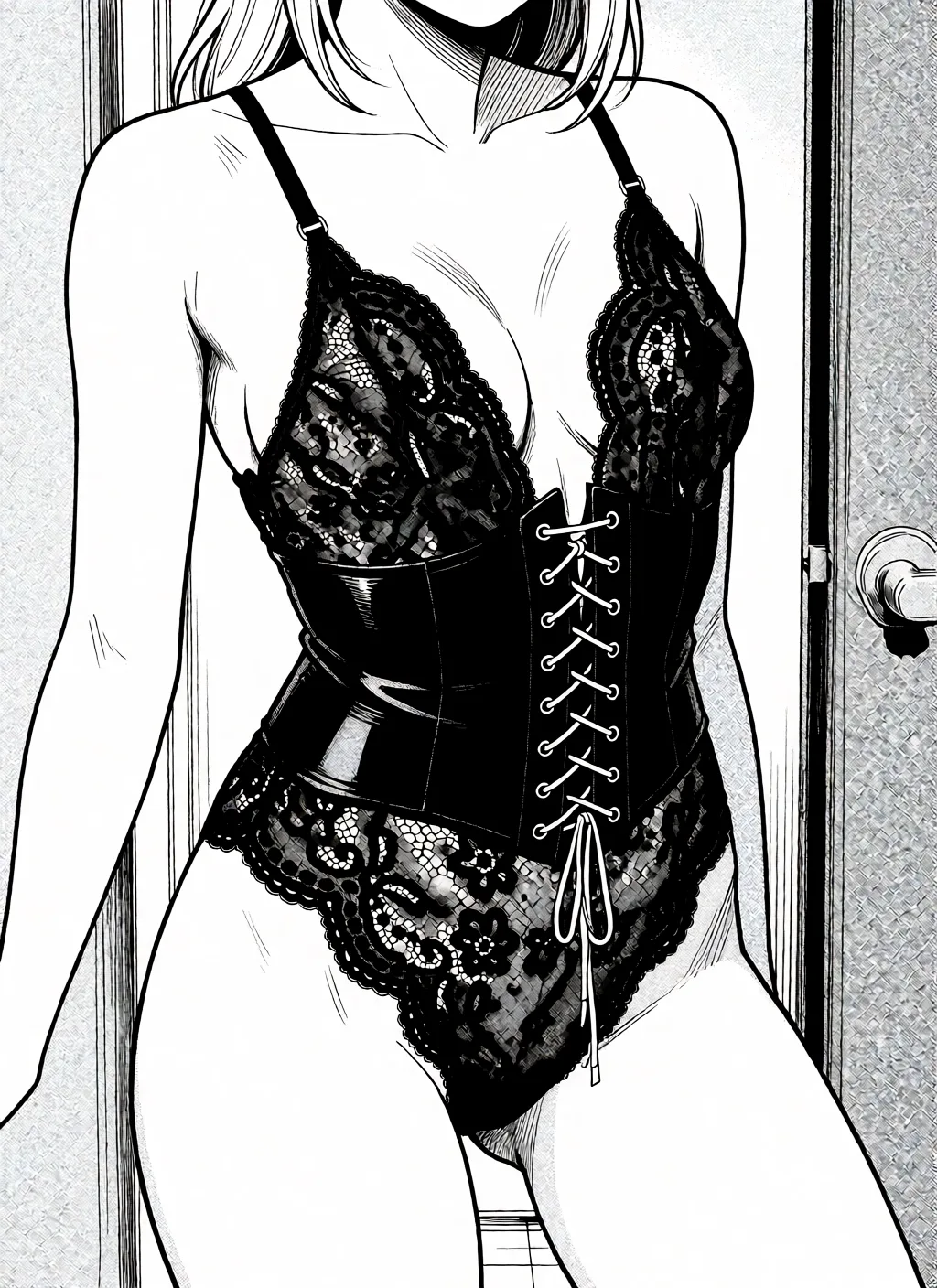 Redraw the entire picture as a black and white manga page: crisp black ink line art, no colour anywhere, flat halftone screentone shading, hatched shadows and clean white highlights, in the look of a printed manga panel. The background is drawn in the same style. Nothing in the frame keeps its photographic appearance. Above all, the picture must show: Боди чёрного цвета на женщине должно быть прозрачным, из-за чего слегка видно грудь женщины. Грудь у девушки маленькая, первого размера.