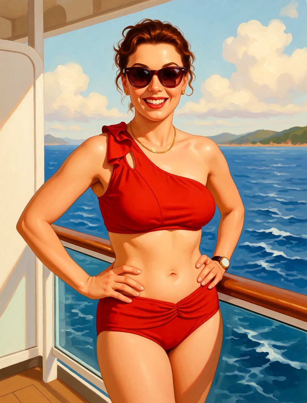 Redraw the entire picture as a retro pin-up illustration: smooth airbrushed gouache paint, warm saturated mid-century colour, clean confident outlines and glamorous stylised features, in the look of a 1950s pin-up poster. The background is painted in the same style. Nothing in the frame keeps its photographic appearance. Above all, the picture must show: Make nude.