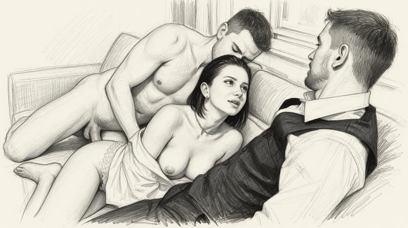 Redraw the entire picture as a hand-drawn graphite sketch on off-white paper: visible pencil strokes, cross-hatched shading, loose construction lines and no colour beyond the grey of the pencil and the tone of the paper. The background is drawn in the same style. Nothing in the frame keeps its photographic appearance. Above all, the picture must show: Remove the womans tattoos.
Make the man behind the woman naked.