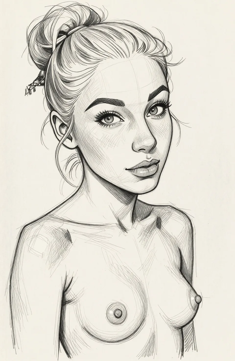 Redraw the entire picture as a hand-drawn graphite sketch on off-white paper: visible pencil strokes, cross-hatched shading, loose construction lines and no colour beyond the grey of the pencil and the tone of the paper. The background is drawn in the same style. Nothing in the frame keeps its photographic appearance. Above all, the picture must show: small tits.