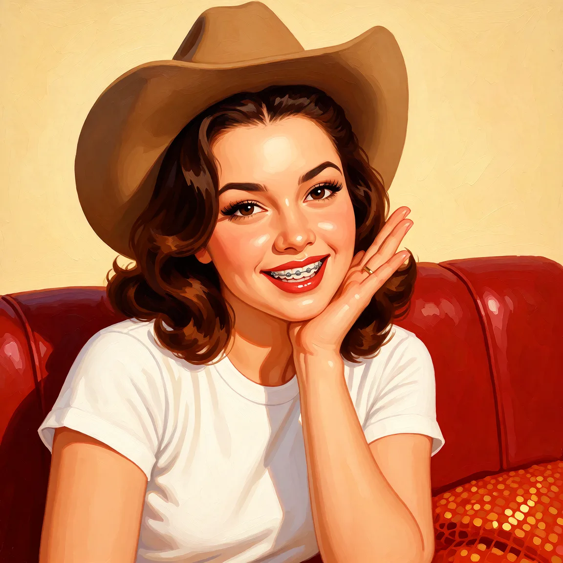Redraw the entire picture as a retro pin-up illustration: smooth airbrushed gouache paint, warm saturated mid-century colour, clean confident outlines and glamorous stylised features, in the look of a 1950s pin-up poster. The background is painted in the same style. Nothing in the frame keeps its photographic appearance. Above all, the picture must show: cowgirl_position but keep the shirt_tucked_in.
