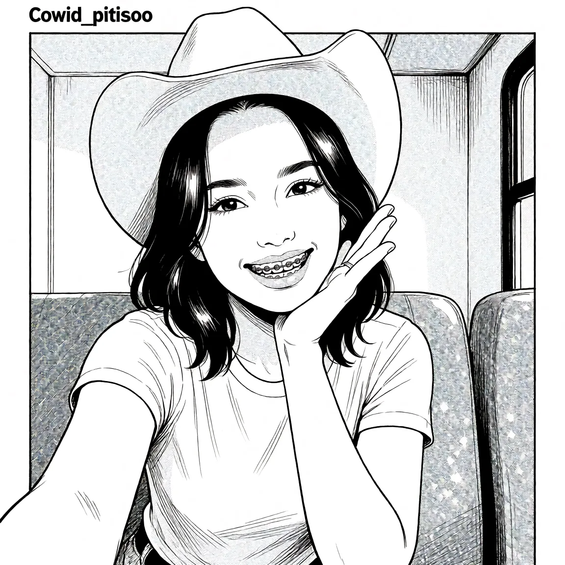 Redraw the entire picture as a black and white manga page: crisp black ink line art, no colour anywhere, flat halftone screentone shading, hatched shadows and clean white highlights, in the look of a printed manga panel. The background is drawn in the same style. Nothing in the frame keeps its photographic appearance. Above all, the picture must show: cowgirl_position.