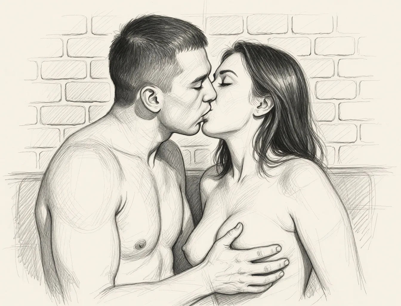Redraw the entire picture as a hand-drawn graphite sketch on off-white paper: visible pencil strokes, cross-hatched shading, loose construction lines and no colour beyond the grey of the pencil and the tone of the paper. The background is drawn in the same style. Nothing in the frame keeps its photographic appearance. Above all, the picture must show: Hot kissing.